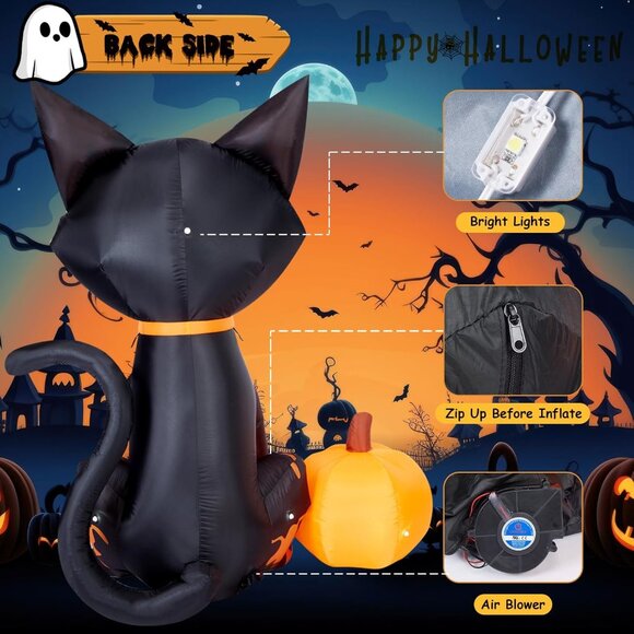 CAMULAND 1.5M Halloween Inflatable Black Cat With Pumpkin Blow Up Yard Decor - Picture 5 of 9